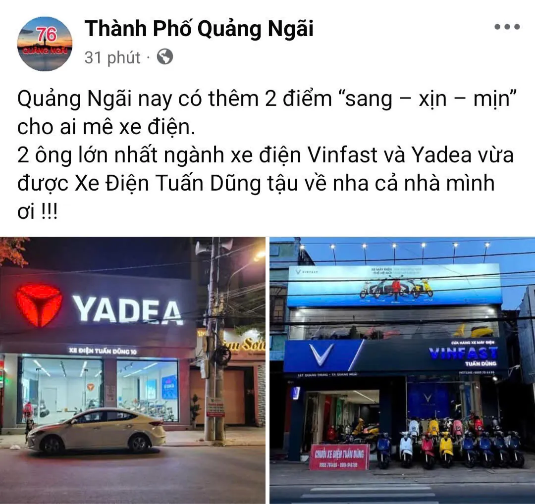 Trang Thành Phố Quảng Ngãi đưa tin hai cửa hàng Yadea và VinFast của Xe Điện Tuấn Dũng
